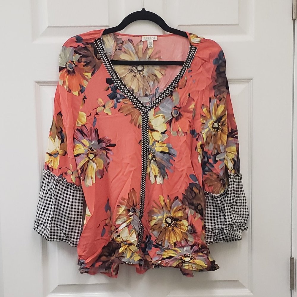 Spense, mix media, floral, bell sleeve, v neck, coral blouse, SZ XL